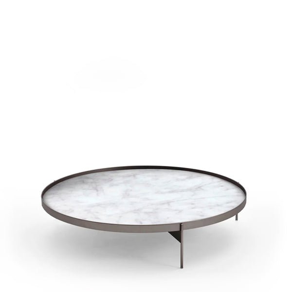 ABACO LOW ROUND COFFE TABLE 35" - CALACATTA MARBLE GLASS/TITANIUM MATT STRUCTURE