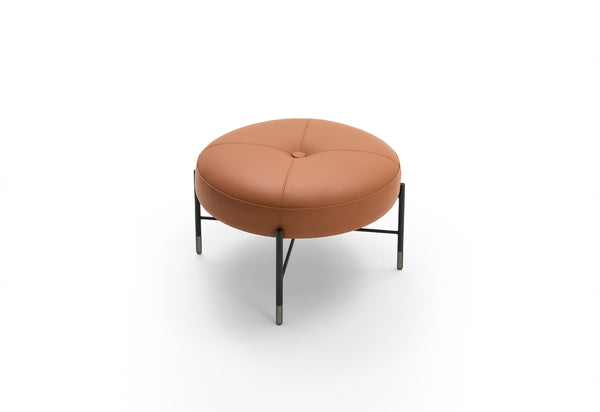 MAMBO ROUND OTTOMAN 25"/BROWN LEATHER POLO 14/BLACK STRUCTURE/TITANIUM TIPS