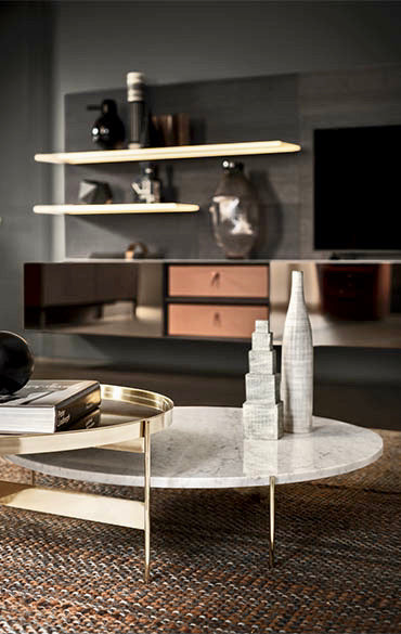 ABACO TALL ROUND COFFEE TABLE 24" - BLACK SAHARA MARBLE GLASS/BRONZE