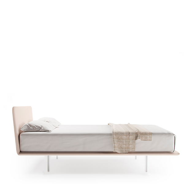 FILO UP QUEEN SIZE BED 63" - BEIGE SUPERSUEDE 86 FABRIC/PLEXIGLASS FEET