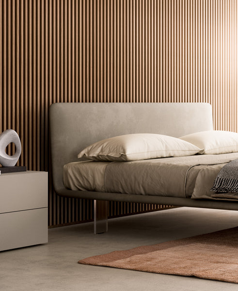 FILO UP QUEEN SIZE BED 63" - BEIGE SUPERSUEDE 86 FABRIC/PLEXIGLASS FEET