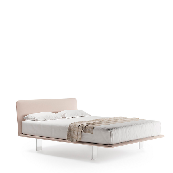 FILO UP QUEEN SIZE BED 63" - BEIGE SUPERSUEDE 86 FABRIC/PLEXIGLASS FEET