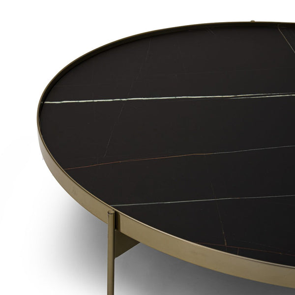 ABACO LOW ROUND COFFEE TABLE 35" - BLACK SAHARA MARBLE GLASS/MATT BRONZE METAL STRUCTURE