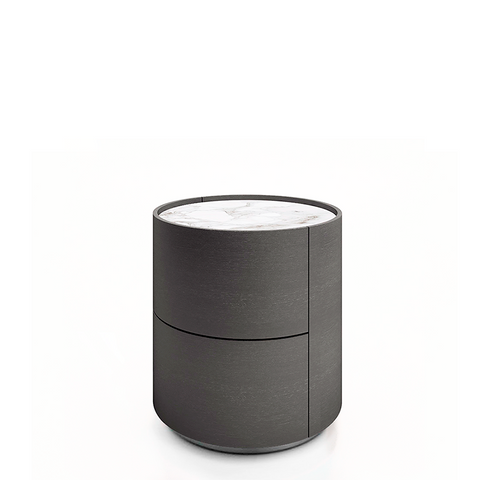 DEDALO ROUND NIGHTSTAND 17" - DARK GREY ASH/CALACATTA MARBLE GLASS