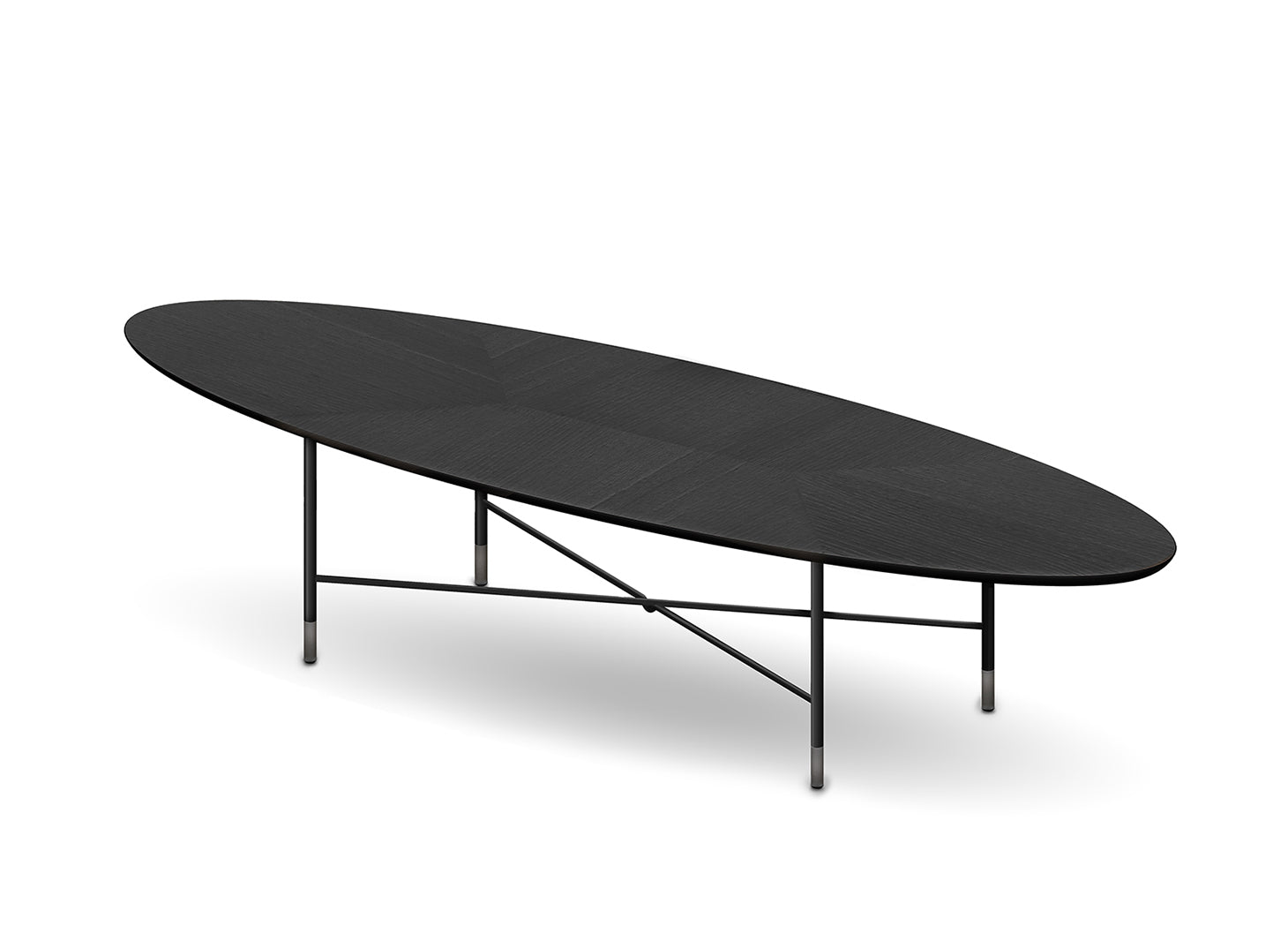 MAMBO ELLIPTICAL COFFEE TABLE - ASH GREY FRASSINO WOOD TOP/BLACK MATT STRUCTURE/MATT TITANIUM TIPS