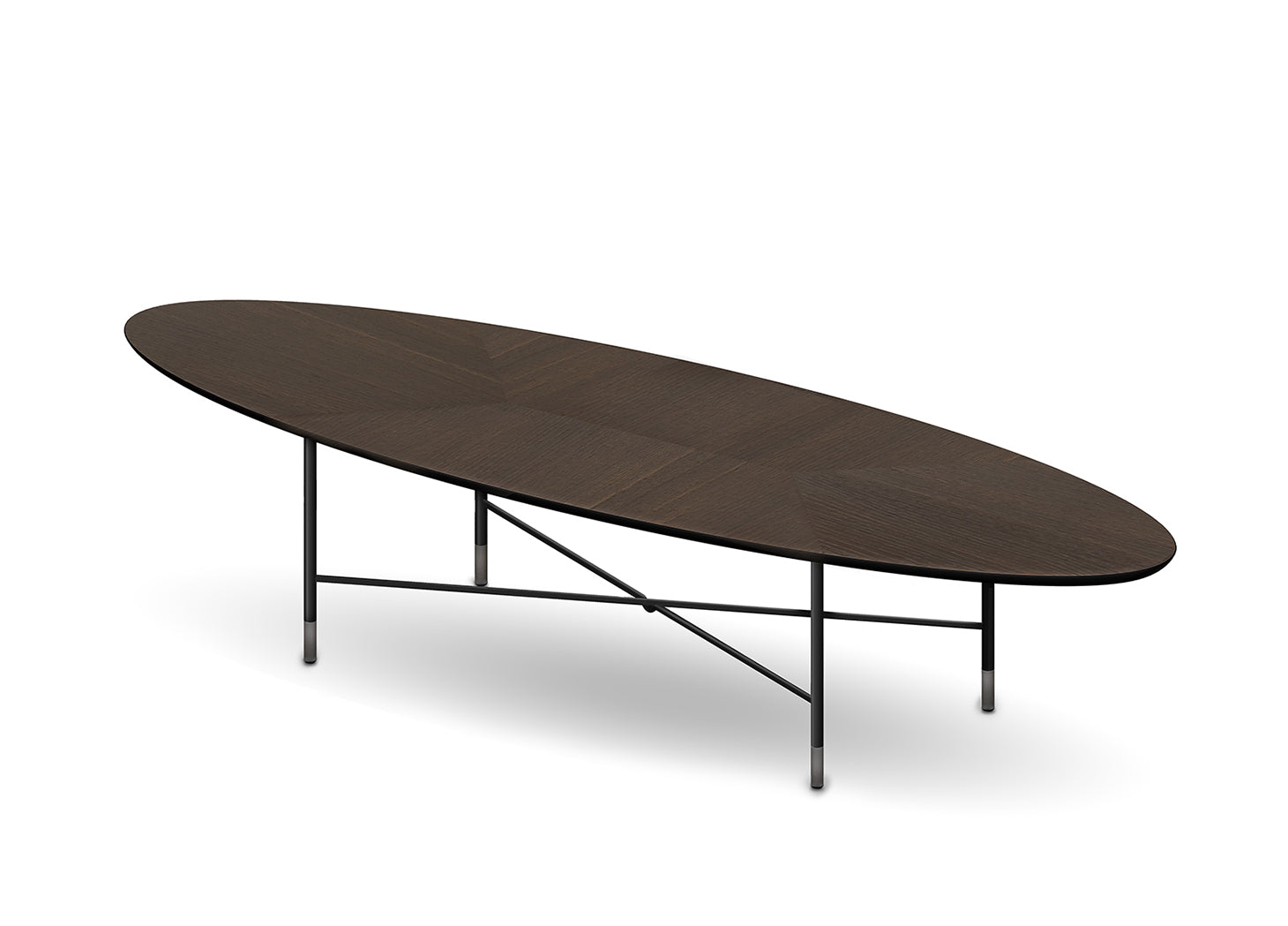 MAMBO ELLIPTICAL COFFEE TABLE - BURNT OAK WOOD TOP/BLACK MATT STRUCTURE/MATT TITANIUM TIPS