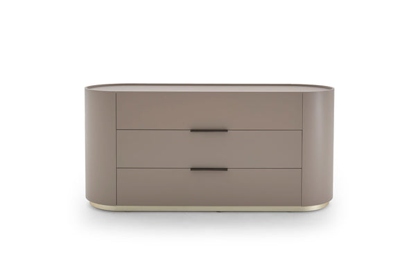 DEDALO 3 DRWRS DRESSER 67" - ECRU MEDIUM BEIGE/CHAMPAGNE MATT PLINTH/BROWN HARD LEATHER HANDLE