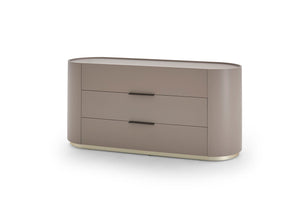 DEDALO 3 DRWRS DRESSER 67" - ECRU MEDIUM BEIGE/CHAMPAGNE MATT PLINTH/BROWN HARD LEATHER HANDLE