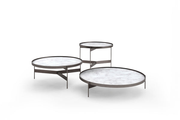 ABACO TALL ROUND COFFEE TABLE 24" - CALACATTA MARBLE GLASS/TITANIUM MATT METAL STRUCTURE