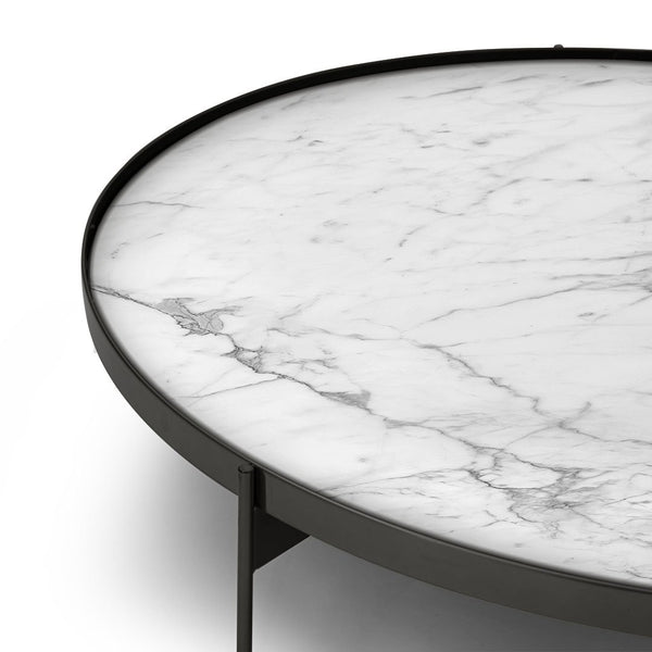 ABACO LOW ROUND COFFE TABLE 35"- CALACATTA MARBLE GLASS/TITANIUM