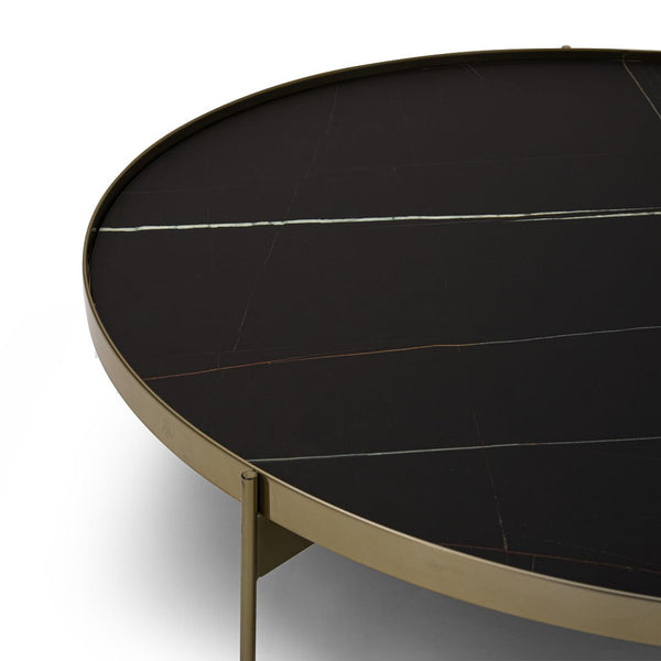 ABACO TALL ROUND COFFEE TABLE 24" - BLACK SAHARA MARBLE GLASS/BRONZE