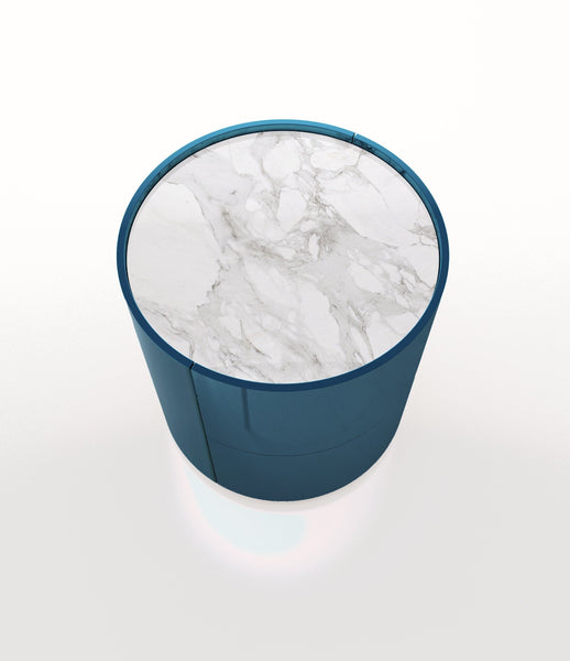 DEDALO ROUND NIGHTSTAND 17" - HG PETROL BLUE MIRTO /CALACATTA MARBLE GLASS