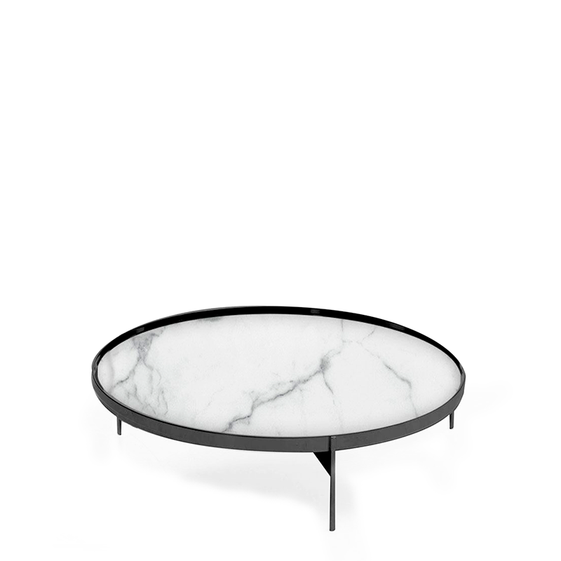 ABACO LOW ROUND COFFE TABLE 35" - CALACATTA MARBLE GLASS/TITANIUM