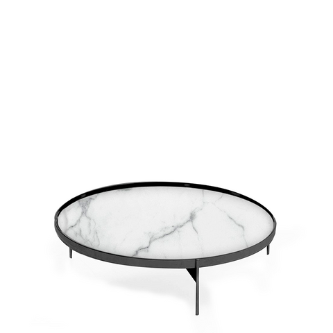 ABACO LOW ROUND COFFE TABLE 35"- CALACATTA MARBLE GLASS/TITANIUM